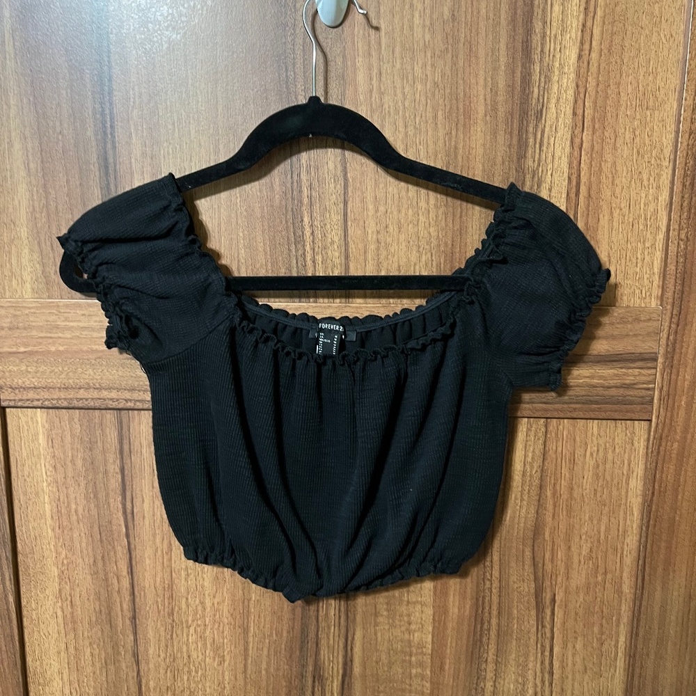 Forever 21 Black Ribbed Off - Shoulder Crop Top